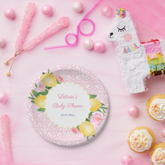 Amalfi citroenen met roze Tegels en roze bloemen Papieren Bordje (Feest)