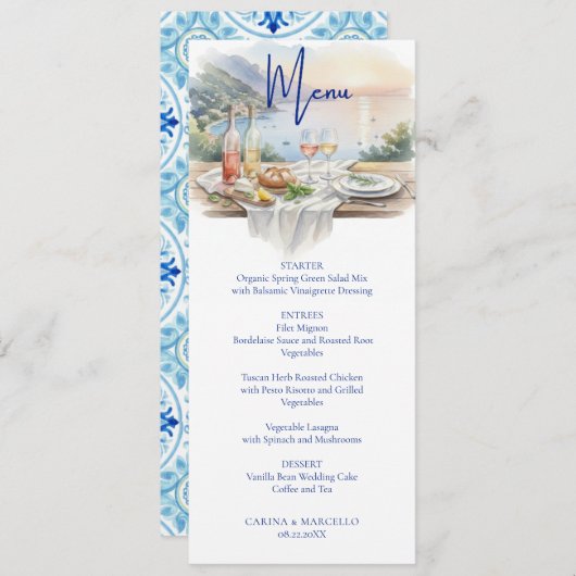 Amalfi Coast Amore Watercolor Italy Sea Wedding Menu (Voorkant / Achterkant)