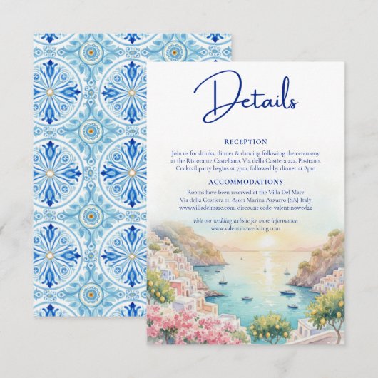 Amalfi Coast Amore Watercolor Wedding Details  Informatiekaartje (Voorkant / Achterkant)