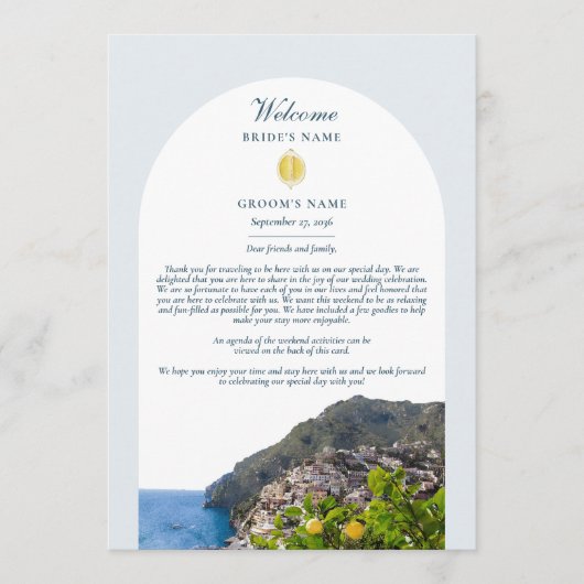Amalfi Coast Arch Italy Lemons Wedding Itinerary Programmakaart (Voorkant)