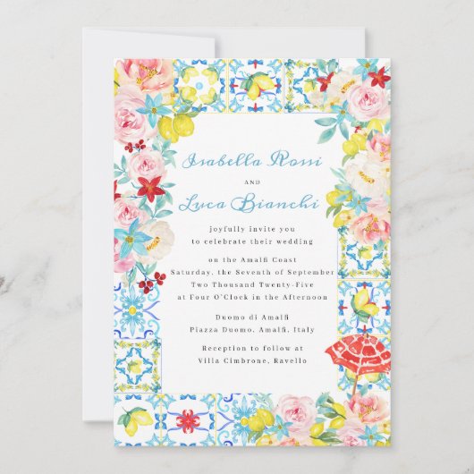 Amalfi Coast Blauwe tegels Italiaans Huwelijk Kaart (Voorkant)