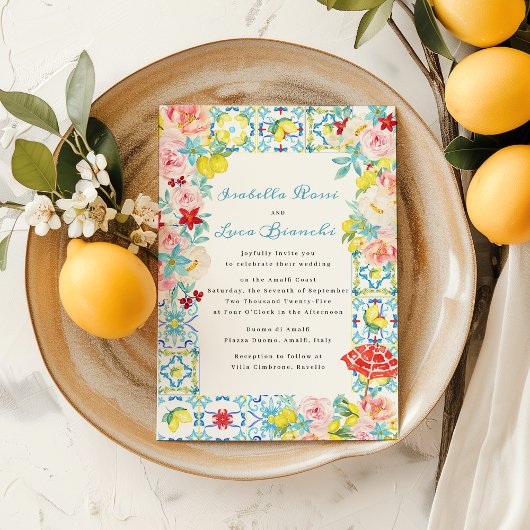 Amalfi Coast Blauwe tegels Italiaans Huwelijk Kaart