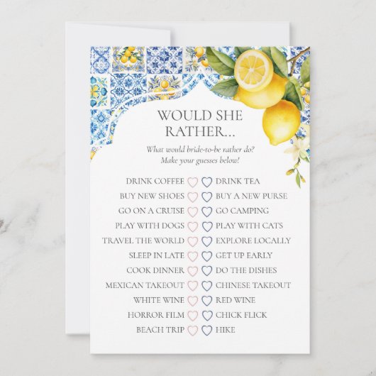 Amalfi Coast Bridal Shower Would She Rather Game Kaart (Voorkant)