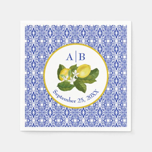 Amalfi Coast I Italian Lemon & Blue Tile Mongram Servet (Voorkant)