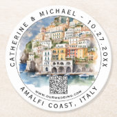 Amalfi Coast Italië Bruiloft Save The Date QR Code Ronde Kartonnen Onderzetter (Voorkant)