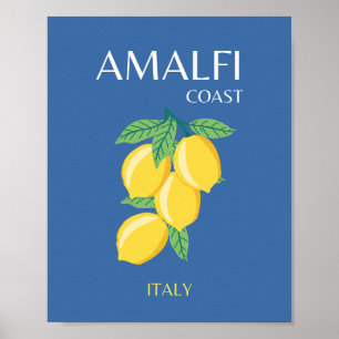 Amalfi Coast, Italië, Reiskunst, Retro, Blauw Poster