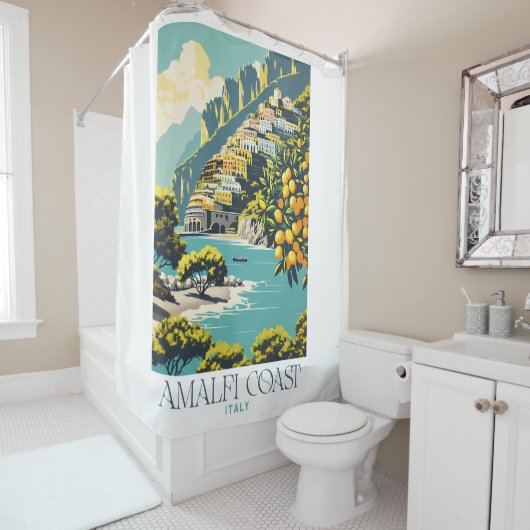 Amalfi Coast Italië Retro Reizen Poster Stijl Douchegordijn (In situ)