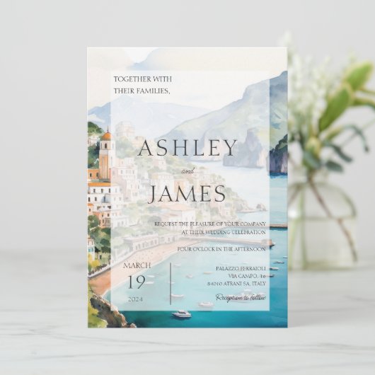 Amalfi Coast Italië Skyline bruiloft uitnodiging (Staand voorkant)