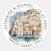Amalfi Coast Italië Waterverf Bestemming Bruiloft Ronde Sticker (Voorkant)