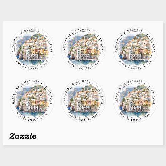 Amalfi Coast Italië Waterverf Bestemming Bruiloft Ronde Sticker (Vel)