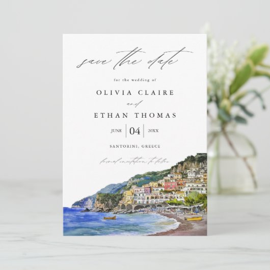 Amalfi Coast Italië Waterverf Bestemming Bruiloft Save The Date (Staand voorkant)