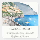 Amalfi Coast Italy Waterverf Landscape Address Vierkante Sticker (Voorkant)