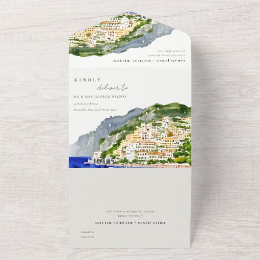 Amalfi Coast Italy Waterverf Landscape Weddenschap All In One Uitnodiging (Buitenkant)