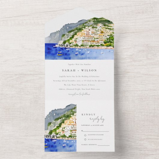 Amalfi Coast Italy Waterverf Landscape Weddenschap All In One Uitnodiging (Binnen)