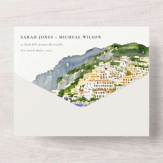 Amalfi Coast Italy Waterverf Landscape Weddenschap All In One Uitnodiging (Achterkant)
