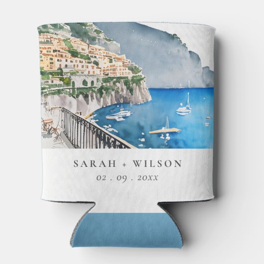 Amalfi Coast Italy Waterverf Landscape Weddenschap Blikjeskoeler (Achterkant)