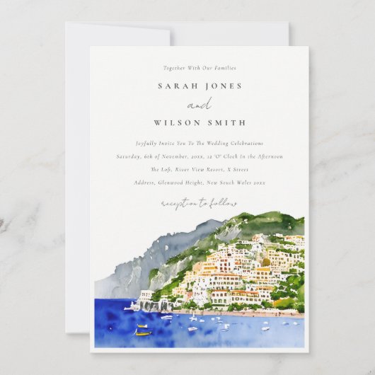Amalfi Coast Italy Waterverf Landscape Weddenschap Kaart (Voorkant)