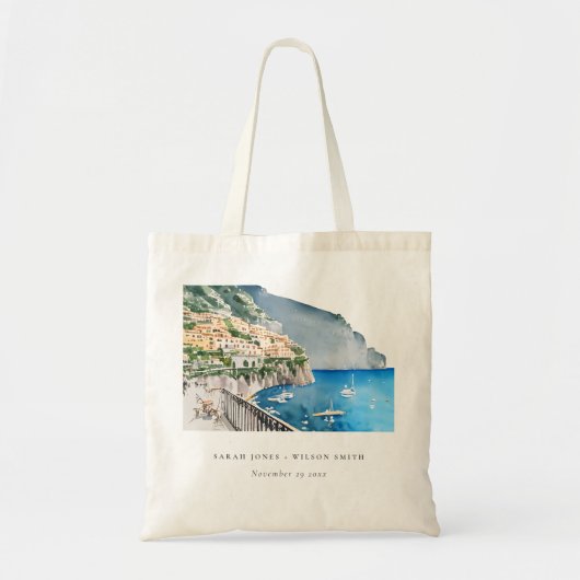 Amalfi Coast Italy Waterverf Landscape Weddenschap Tote Bag (Voorkant)