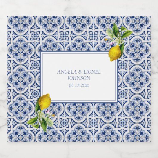 Amalfi Coast Lemon Blue Tegels Italië Huwelijk Sparkling Wijnetiket (Enkel label)