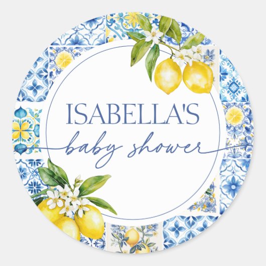 Amalfi Coast Lemon Mediterraan Baby shower Ronde Sticker (Voorkant)