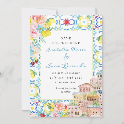 Amalfi Coast Lemon tegels Italiaans Huwelijk Save The Date (Voorkant)