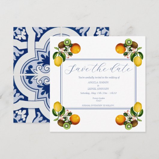 Amalfi Coast Lemon Tegels Italië gepersonaliseerd Save The Date (Voorkant / Achterkant)