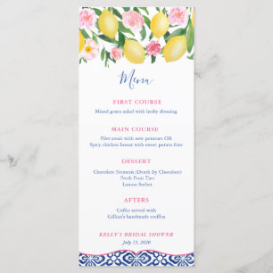 Amalfi Coast Lemons Blue White Tiles Baby shower Menu