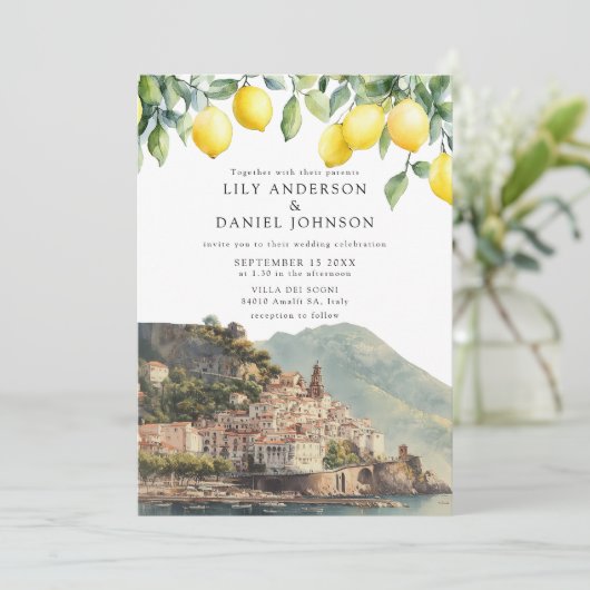 Amalfi Coast Lemons Italian QR Code Wedding Kaart (Staand voorkant)