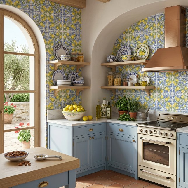 Amalfi Coast Mediterranean Blue Tile Lemon Pattern Behang (Amalfi Coast Mediterranean Blue Tile Lemon Pattern Wallpaper )