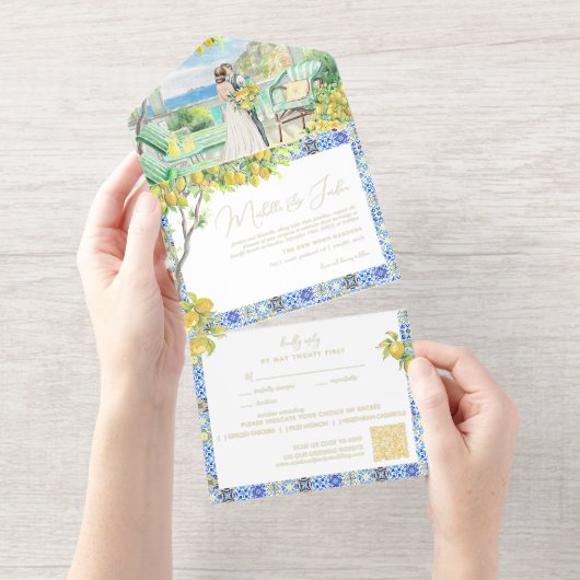 Amalfi Coast | Mediterranean Tiles Wedding All In One Uitnodiging (Uittrekbaar)