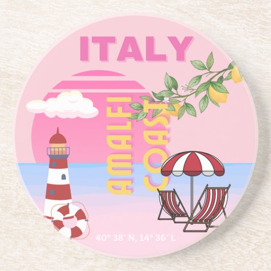Amalfi Coast, Preppy Reizen, Roze Zandsteen Onderzetter (Voorkant)