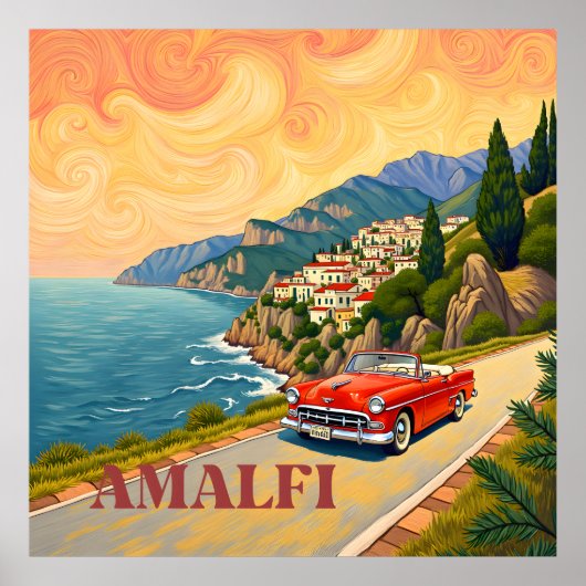 Amalfi Coast Retro Drive: Van Gogh stijl Poster (Voorkant)