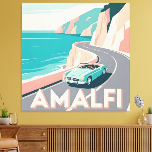 Amalfi Coast Retro Reizen: Vector Art Square Canvas Afdruk (Insitu (Woonkamer))