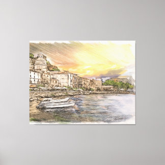 Amalfi coast village sketch with boats at sunset canvas afdruk