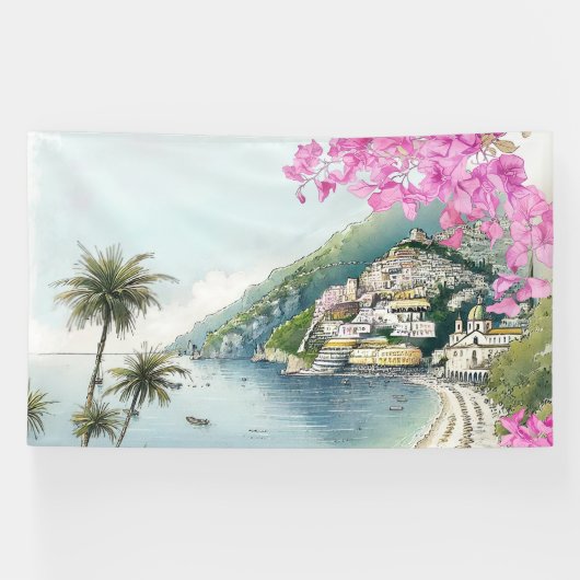 Amalfi Coast Waterverf Art Print Spandoek (Horizontaal)