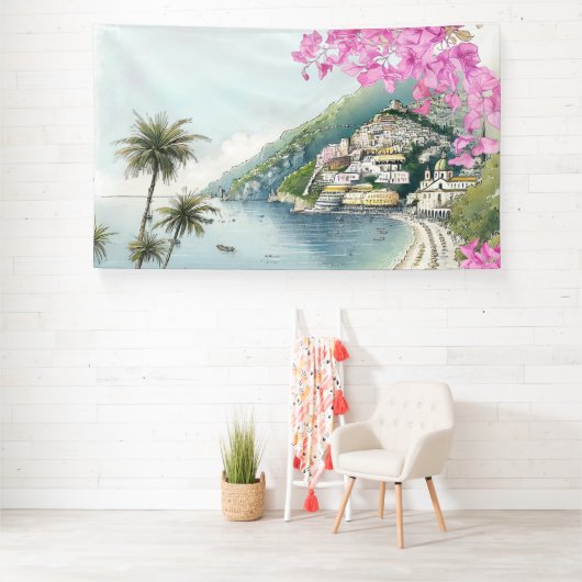 Amalfi Coast Waterverf Art Print Spandoek (Insitu)