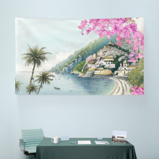 Amalfi Coast Waterverf Art Print Spandoek (Beurs)
