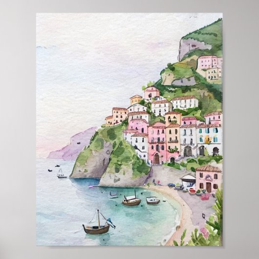 Amalfi Coast Waterverf schilderij Poster (Voorkant)