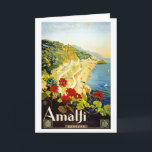 "Amalfi" het Vintage Wenskaart van het Poster van Kaart<br><div class="desc">Vintage reis poster adverterene Amalfi in Italië. Het biedt een uitzicht van de Mediterrane kustlijn met sommige heldere rode geraniumbloemen in aan de voorgrond.</div>