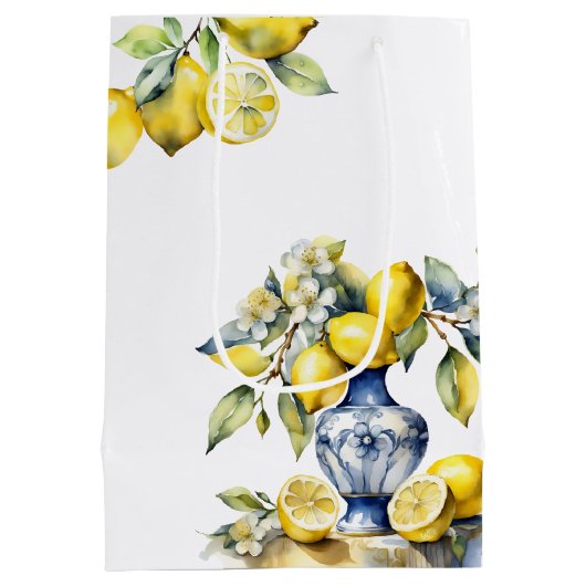 Amalfi Italiaans blauw tegels citroenen bruiloft w Medium Cadeauzakje (Achterkant)