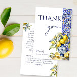 Amalfi Italiaans blauw tegels citroenen vrijgezell Bedankkaart<br><div class="desc">Amalfi Positano Vietri blue Majolica tegels citroenen vrijgezellenfeest dank u kaarten,  Mediterraan thema blauw wit en geel tegels met bos van citrus met citroenen en bloei in blauw keramiek vaas vrijgezellenfeest dank u kaarten</div>