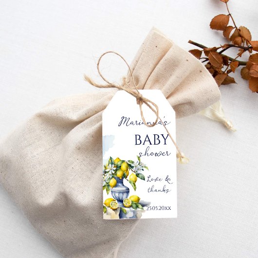 Amalfi Italiaans blauw vaas citroen baby shower gu Cadeaulabel