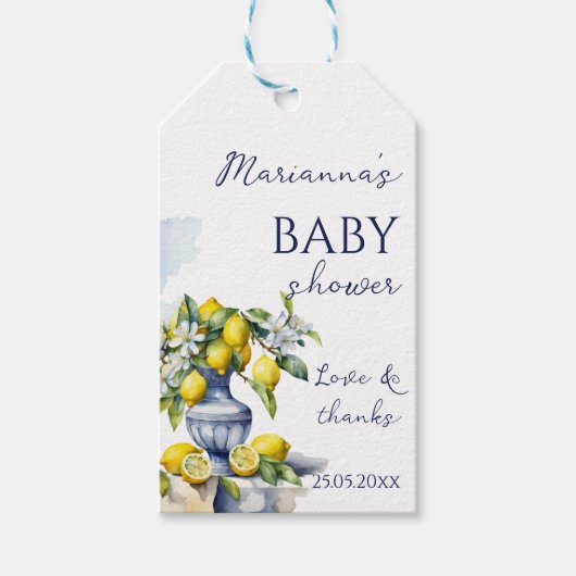 Amalfi Italiaans blauw vaas citroen baby shower gu Cadeaulabel (Voorkant)
