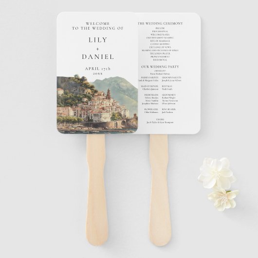 Amalfi Italiaans Watercolor Bruiloftsprogramma Handwaaier (Voorkant en achterkant)