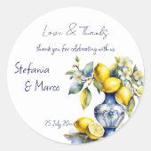 Amalfi Italiaanse blauwe tegels citroenen huwelijk Ronde Sticker (Voorkant)