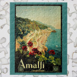 Amalfi Italian Coast, Vintage Travel Poster Italië Legpuzzel<br><div class="desc">afbeelding van het Europese reisposter of bagageetiket van de Italiaanse Amalfi-kust met het prachtige blauwe mediterrane Zee,  de beroemde steile kliffen van Amalfi en een rode geraniumbloem op de voorgrond. De tekst luidt Amalfi Italia.</div>