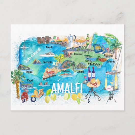 Amalfi Italië Illustratie mediterrane reiskaart Briefkaart (Voorkant)