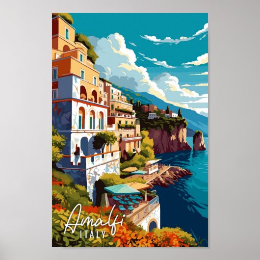 Amalfi Italië Kunst vintage reisillustratie Poster (Voorkant)