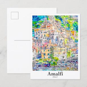 Amalfi Italië Reizen Waterverf Hand getekend Briefkaart