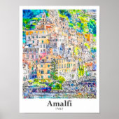 Amalfi Italië Reizen Waterverf Hand getekend Poster (Voorkant)